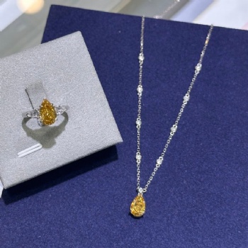 Luxury Socialite Style Pt950 Platinum Lab‑Grown Fancy Yellow Diamond Teardrop Pendant Necklace Ring Jewelry Set Gift